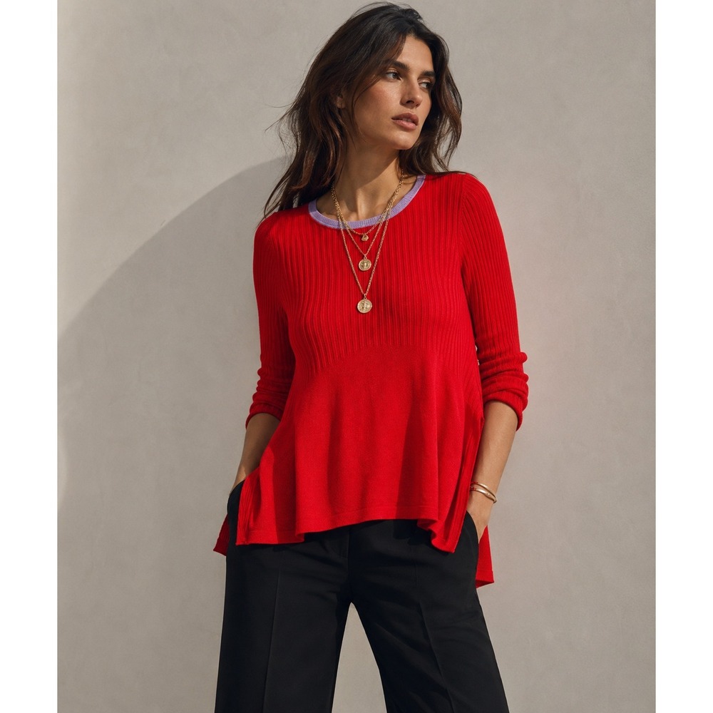 Moth Anthropologie Red Ribbed Peplum Sweater Lavender Trim Rayon‎ Small